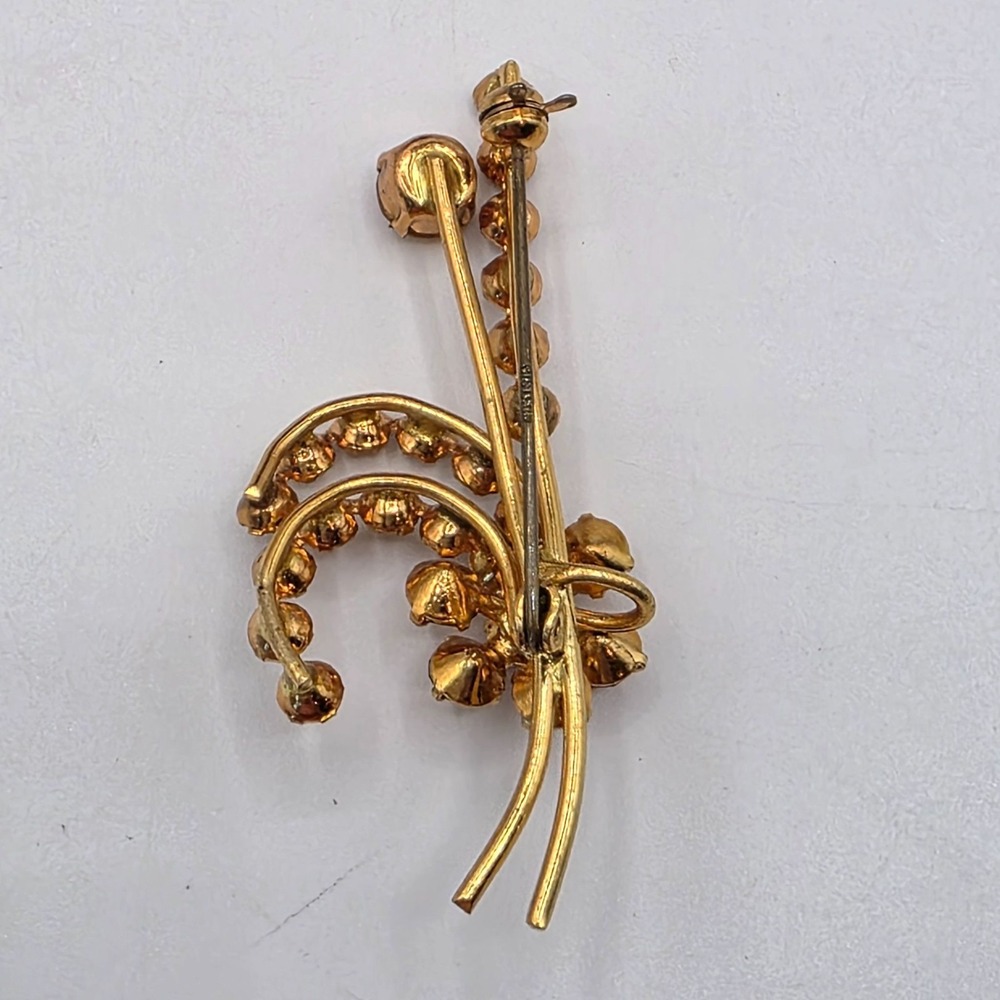Vintage Austrian Amber Rhinestone Floral Spray Brooch Pin Gold Tone Signed - Picture 8 of 9